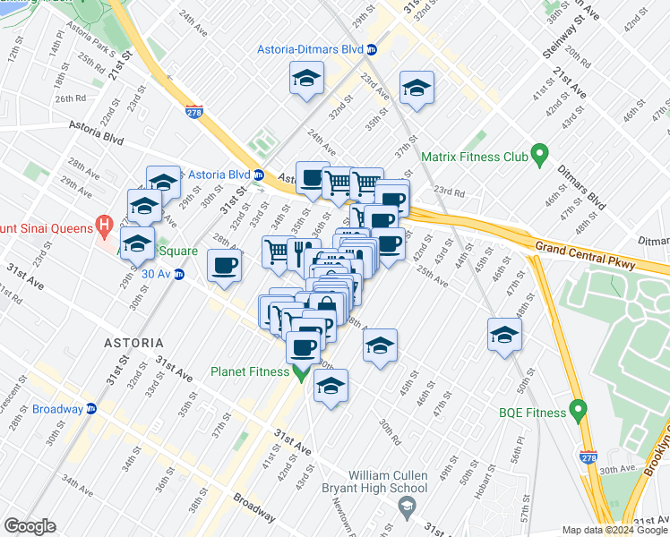 map of restaurants, bars, coffee shops, grocery stores, and more near 25-56 38th Street in Queens