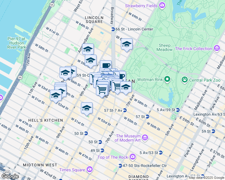 map of restaurants, bars, coffee shops, grocery stores, and more near Columbus Circle in New York
