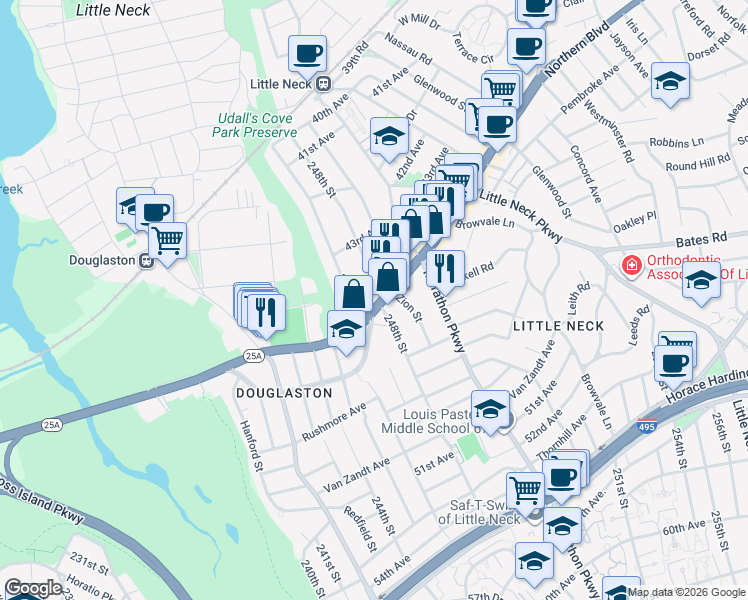 map of restaurants, bars, coffee shops, grocery stores, and more near 43-59 247th Street in Queens