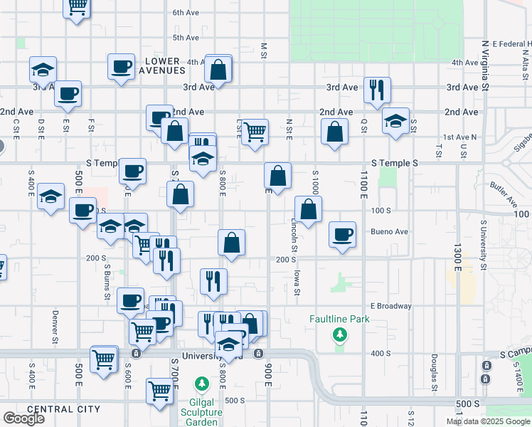 map of restaurants, bars, coffee shops, grocery stores, and more near 100 900 East in Salt Lake City
