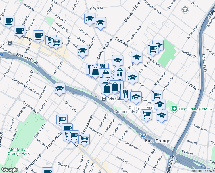 map of restaurants, bars, coffee shops, grocery stores, and more near 560 Main Street in East Orange