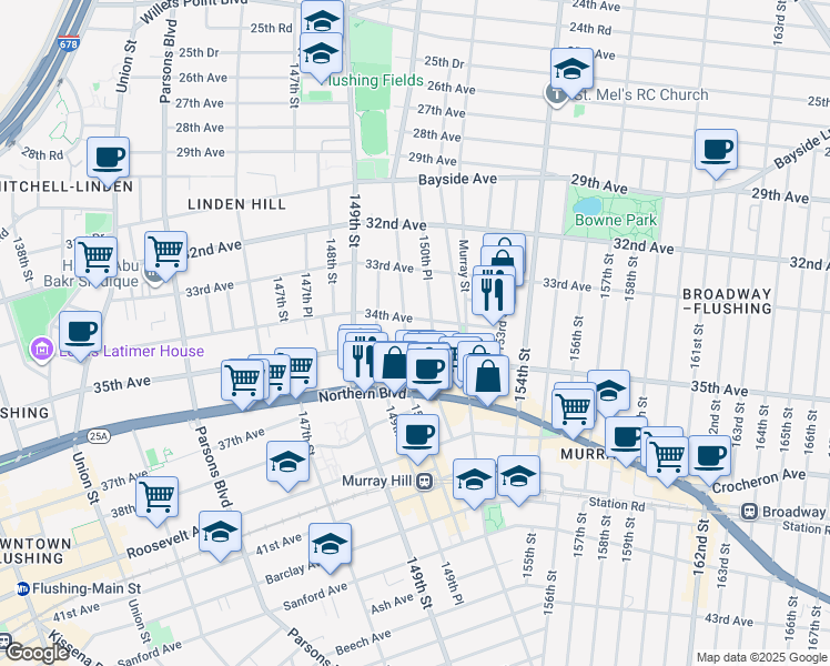 map of restaurants, bars, coffee shops, grocery stores, and more near 34-11 150th Street in Queens
