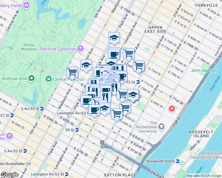map of restaurants, bars, coffee shops, grocery stores, and more near 157 East 67th Street in New York