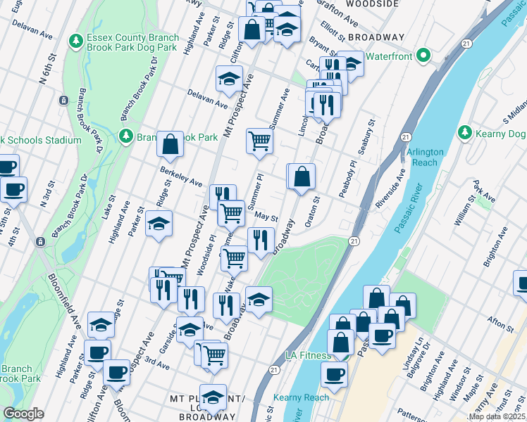 map of restaurants, bars, coffee shops, grocery stores, and more near 21 May Street in Newark