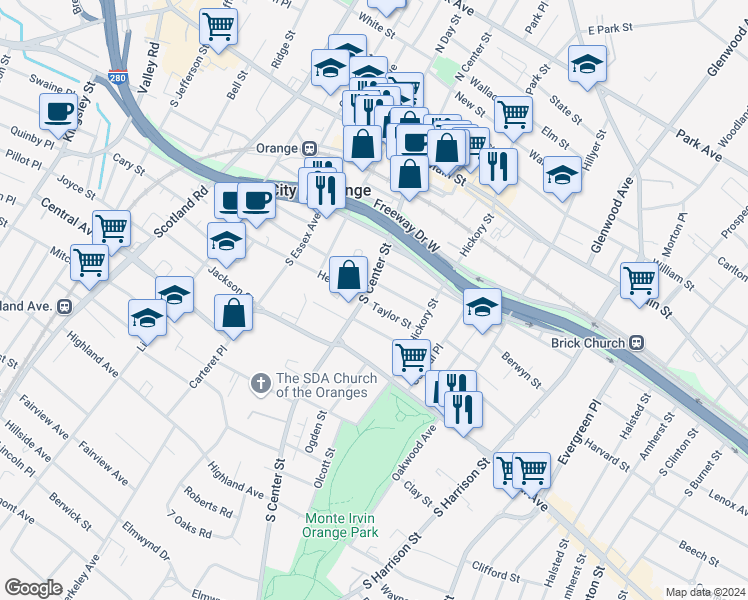 map of restaurants, bars, coffee shops, grocery stores, and more near 209 Taylor Street in City of Orange
