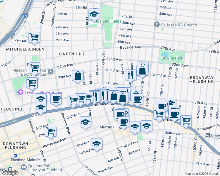map of restaurants, bars, coffee shops, grocery stores, and more near 34-13 149th Place in Queens