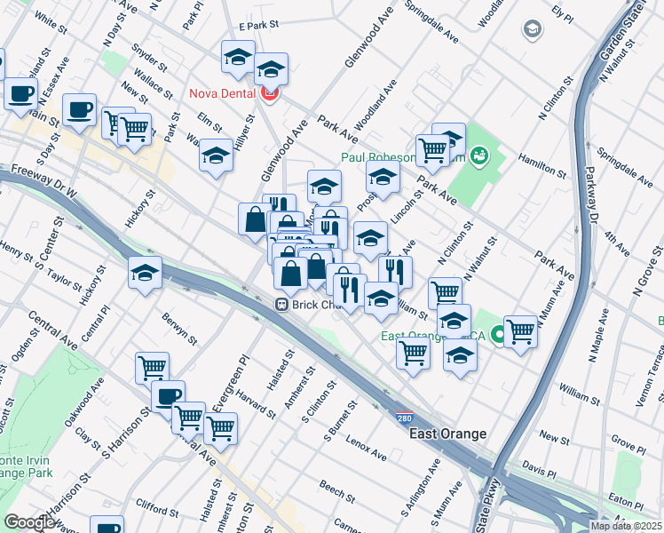 map of restaurants, bars, coffee shops, grocery stores, and more near 7 Lincoln Street in East Orange