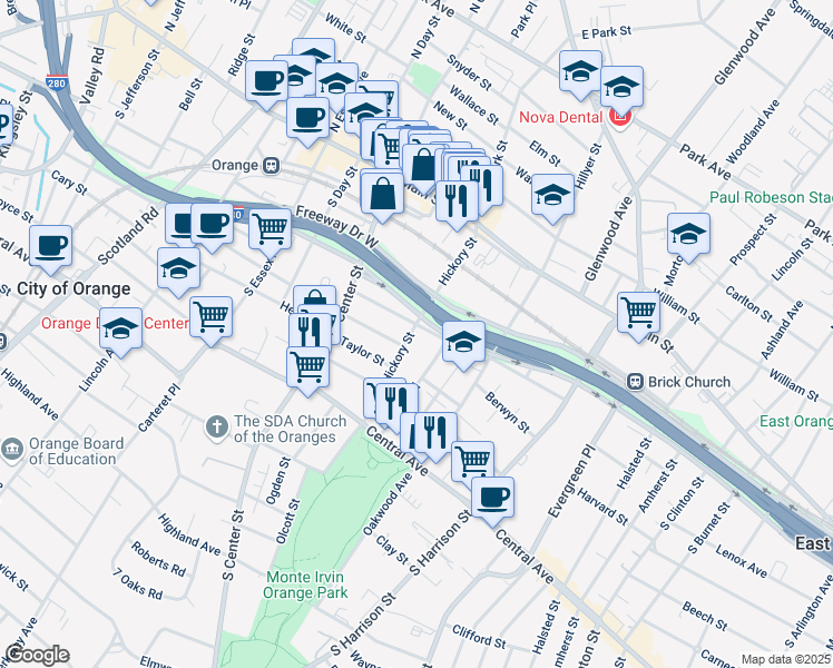 map of restaurants, bars, coffee shops, grocery stores, and more near 122 Hickory Street in City of Orange