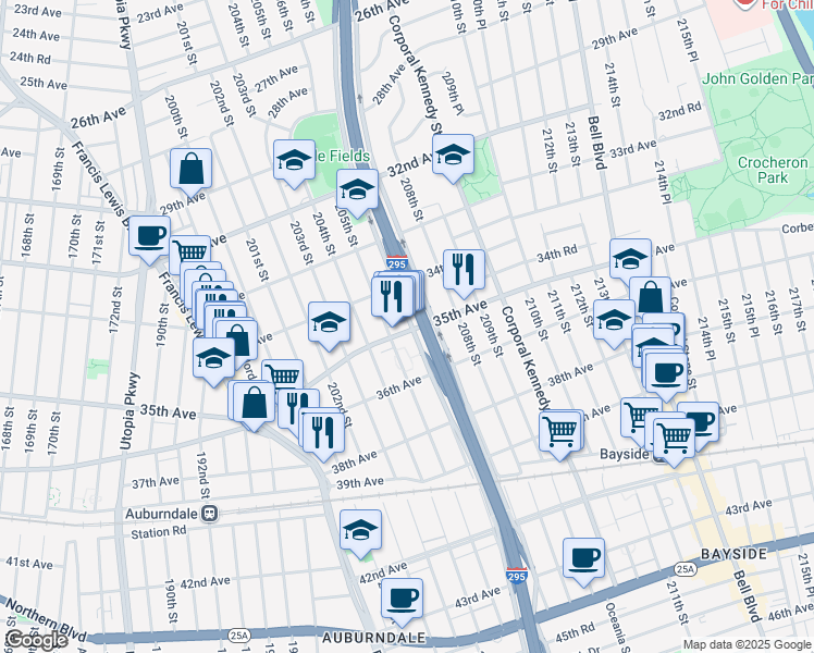 map of restaurants, bars, coffee shops, grocery stores, and more near 20521 35th Avenue in Queens