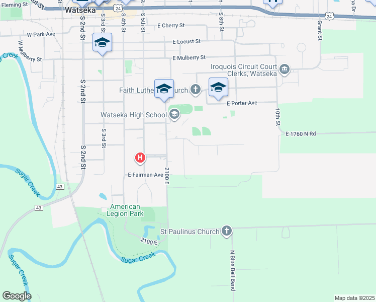 map of restaurants, bars, coffee shops, grocery stores, and more near 722 South Hanson Drive in Watseka