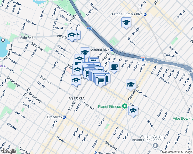 map of restaurants, bars, coffee shops, grocery stores, and more near 31-23 Newtown Avenue in Queens