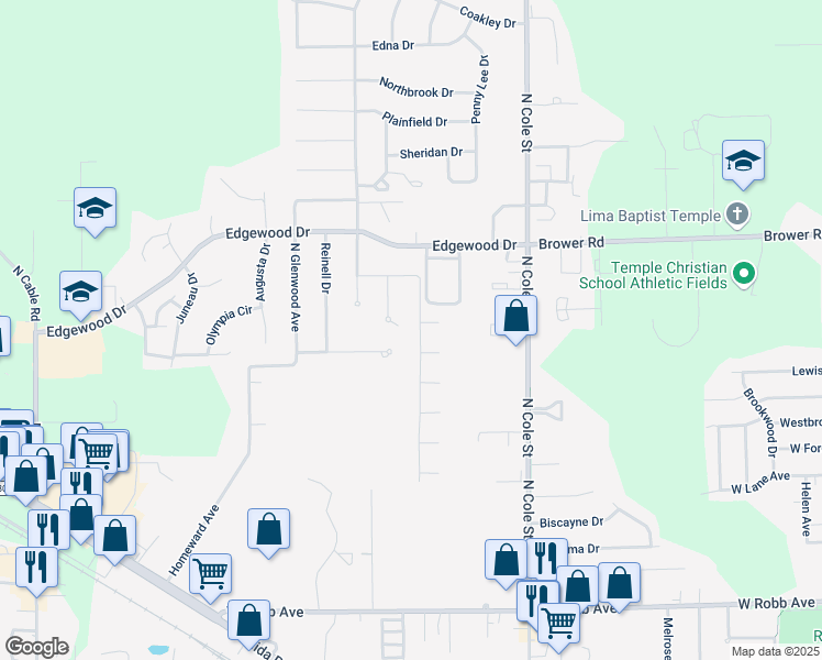 map of restaurants, bars, coffee shops, grocery stores, and more near 2062 Brookhaven Drive in Lima
