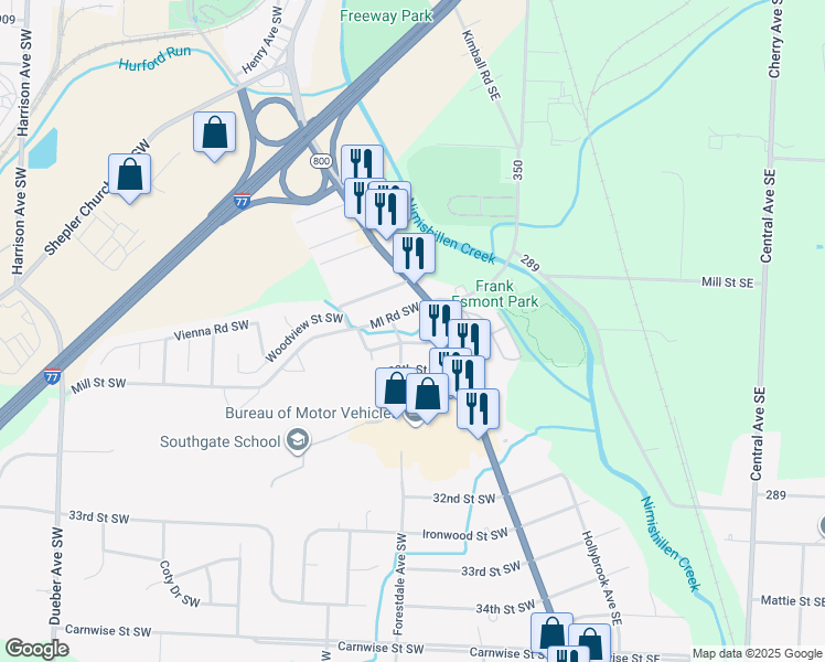 map of restaurants, bars, coffee shops, grocery stores, and more near 209 28th Street Southwest in Canton