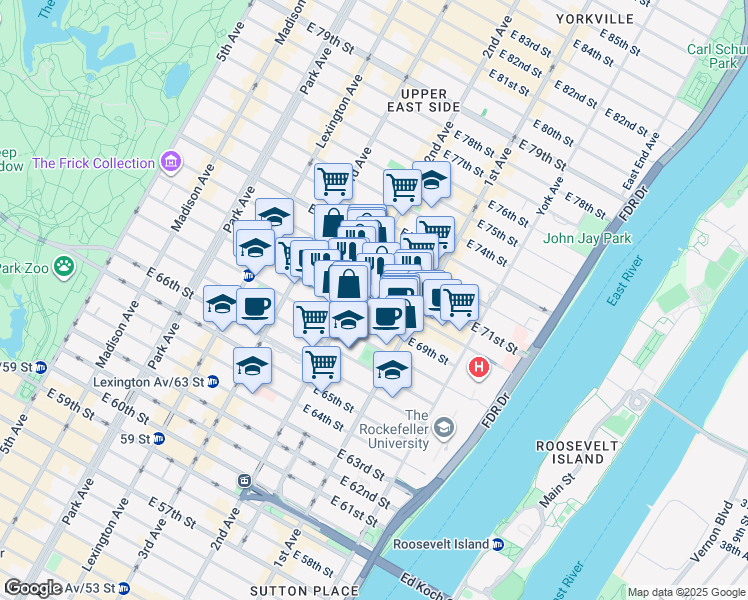 map of restaurants, bars, coffee shops, grocery stores, and more near 330 East 70th Street in New York