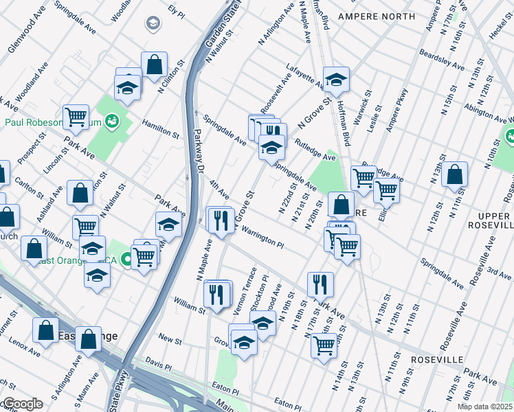 map of restaurants, bars, coffee shops, grocery stores, and more near 206 4th Avenue in East Orange