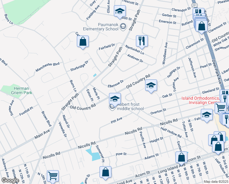 map of restaurants, bars, coffee shops, grocery stores, and more near 4 Kathleen Lane in Deer Park