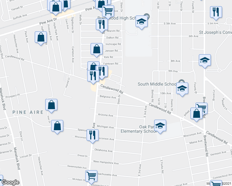 map of restaurants, bars, coffee shops, grocery stores, and more near 26 Abingdon Ave in Bay Shore