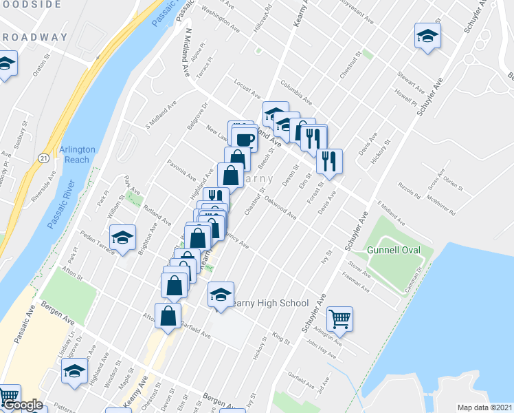 map of restaurants, bars, coffee shops, grocery stores, and more near 470 Chestnut Street in Kearny
