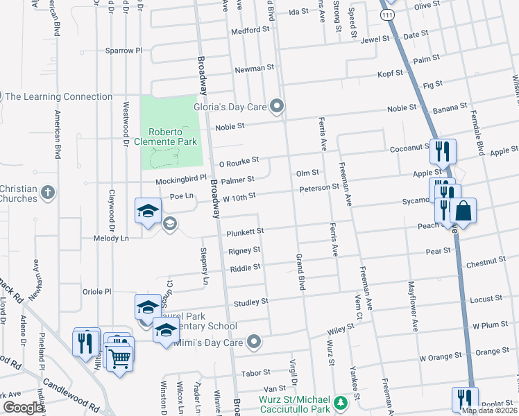map of restaurants, bars, coffee shops, grocery stores, and more near 127 Radcliff Drive in Brentwood