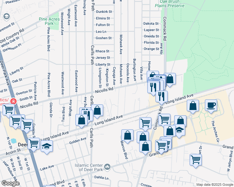 map of restaurants, bars, coffee shops, grocery stores, and more near 32 Evergreen Place in Deer Park