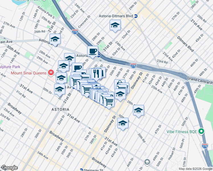 map of restaurants, bars, coffee shops, grocery stores, and more near 35-03 28th Avenue in Queens