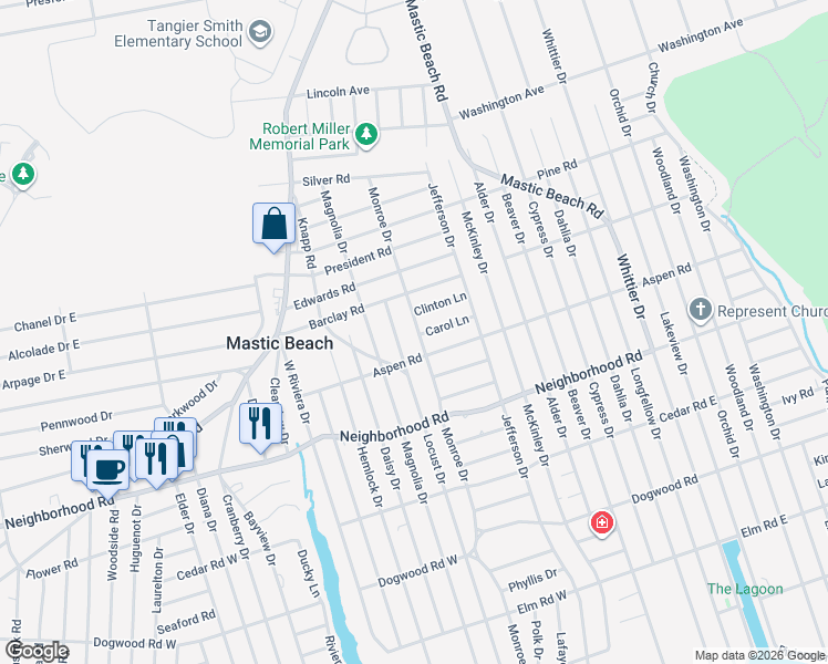 map of restaurants, bars, coffee shops, grocery stores, and more near 191 Locust Drive in Mastic Beach