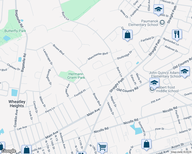 map of restaurants, bars, coffee shops, grocery stores, and more near 14 Yorkshire Drive in Wheatley Heights