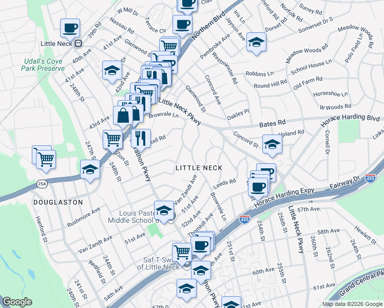 map of restaurants, bars, coffee shops, grocery stores, and more near 51-08 Browvale Lane in Queens