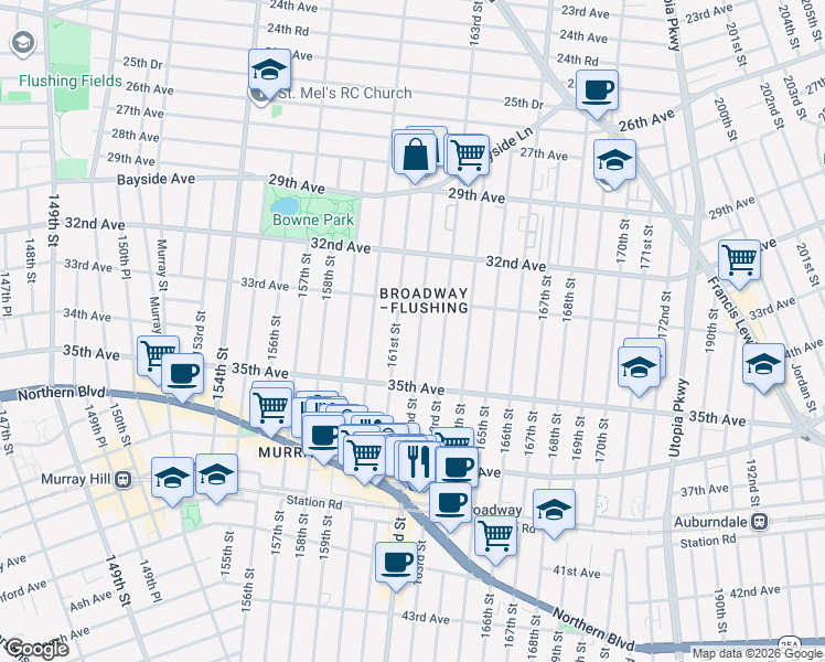 map of restaurants, bars, coffee shops, grocery stores, and more near 33-33 162nd Street in Queens