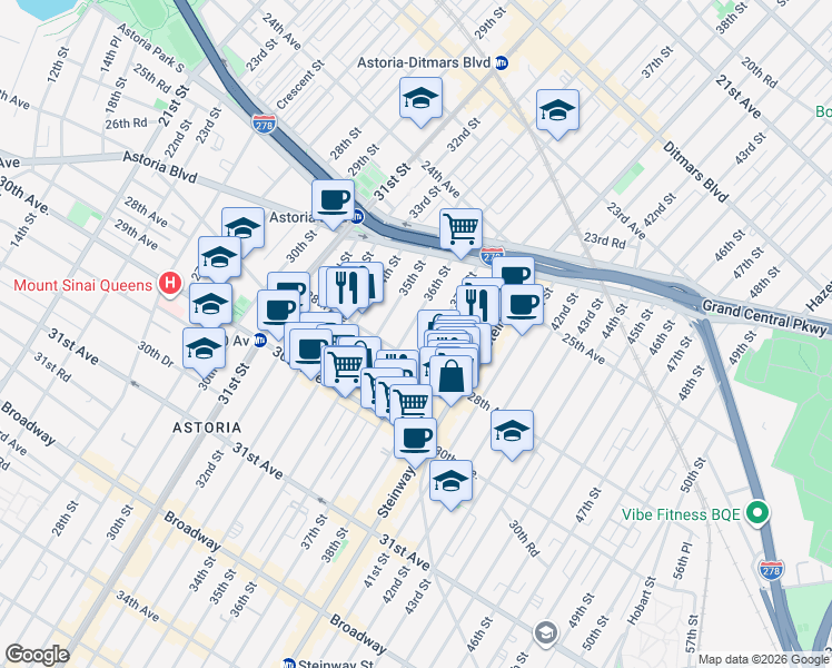 map of restaurants, bars, coffee shops, grocery stores, and more near 25-81 36th Street in Queens