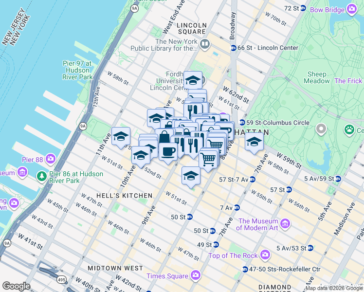 map of restaurants, bars, coffee shops, grocery stores, and more near in New York