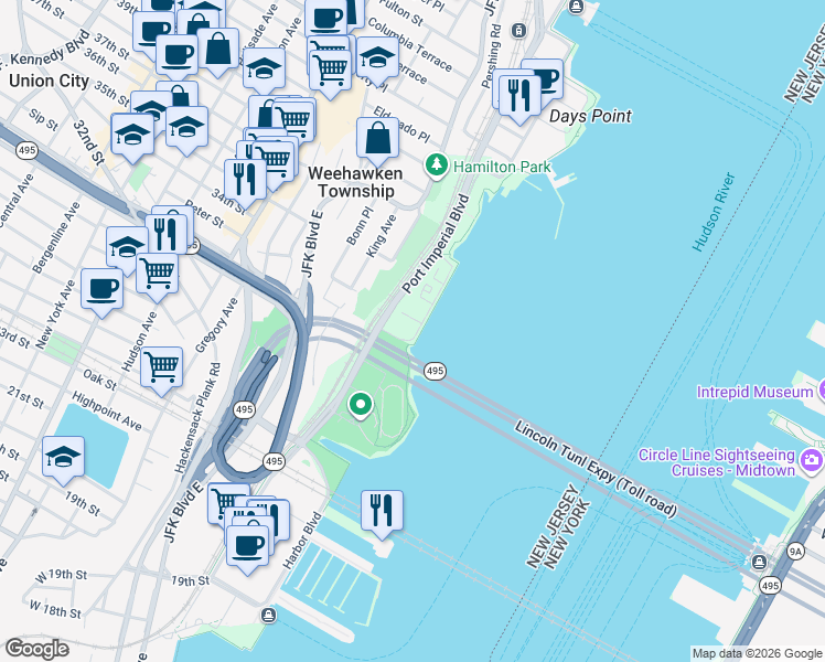 map of restaurants, bars, coffee shops, grocery stores, and more near 150 Henley Place in Weehawken