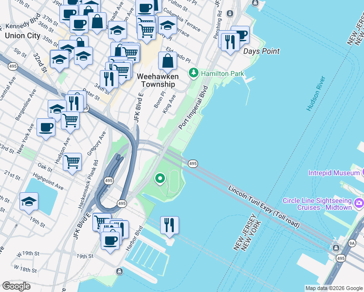 map of restaurants, bars, coffee shops, grocery stores, and more near 150 Henley Place in Weehawken