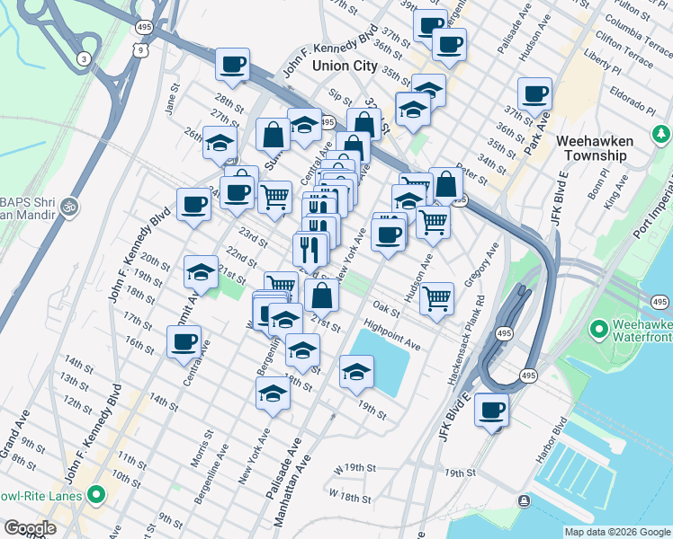 map of restaurants, bars, coffee shops, grocery stores, and more near 324 24th Street in Union City