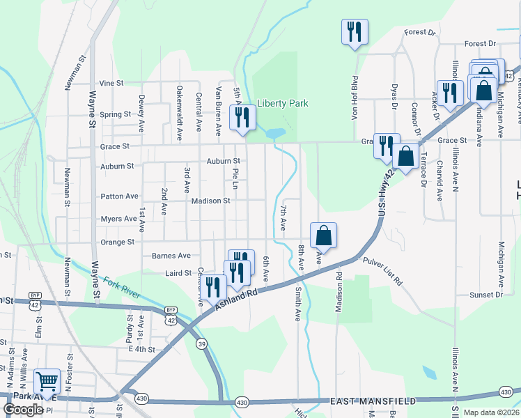map of restaurants, bars, coffee shops, grocery stores, and more near 322 5th Ave in Mansfield