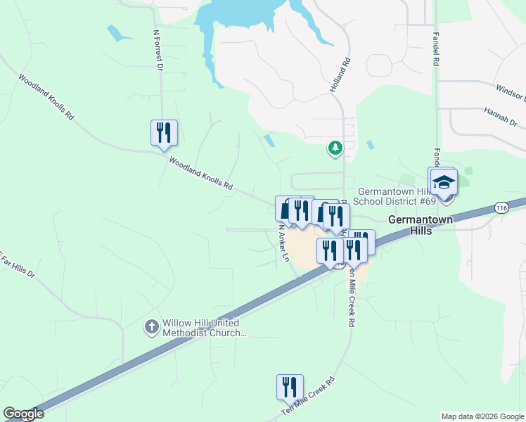 map of restaurants, bars, coffee shops, grocery stores, and more near 704 Woodland Knolls Road in Metamora