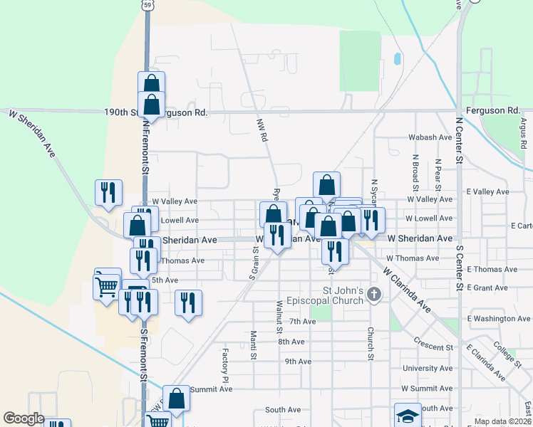 map of restaurants, bars, coffee shops, grocery stores, and more near 903 West Lowell Avenue in Shenandoah