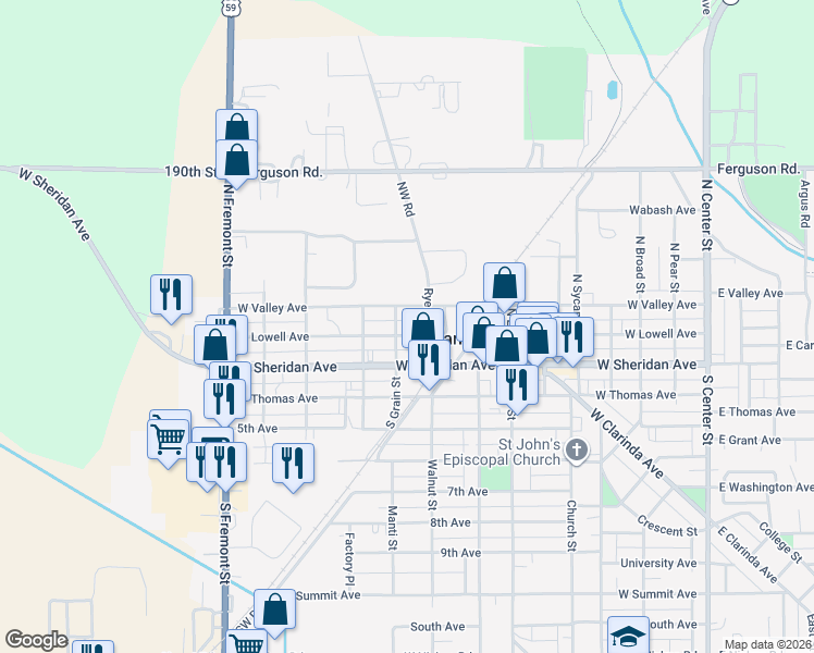 map of restaurants, bars, coffee shops, grocery stores, and more near 903 West Lowell Avenue in Shenandoah