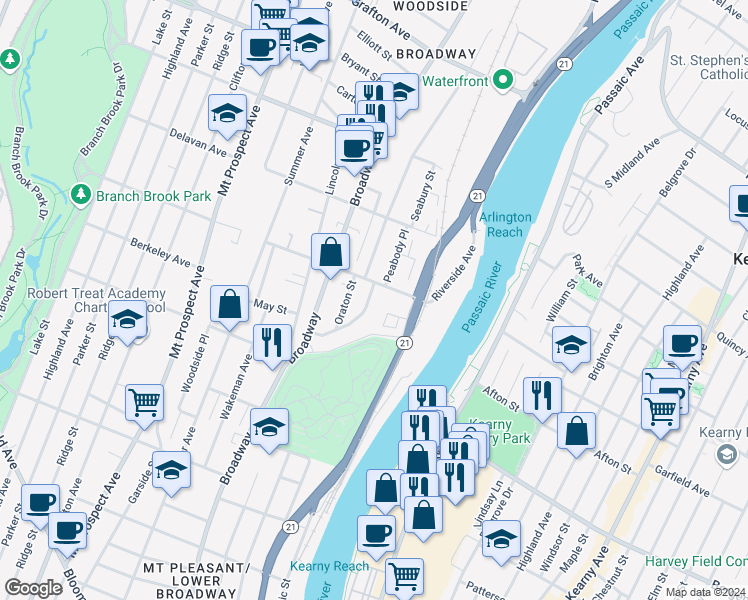 map of restaurants, bars, coffee shops, grocery stores, and more near 66 Hinsdale Place in Newark
