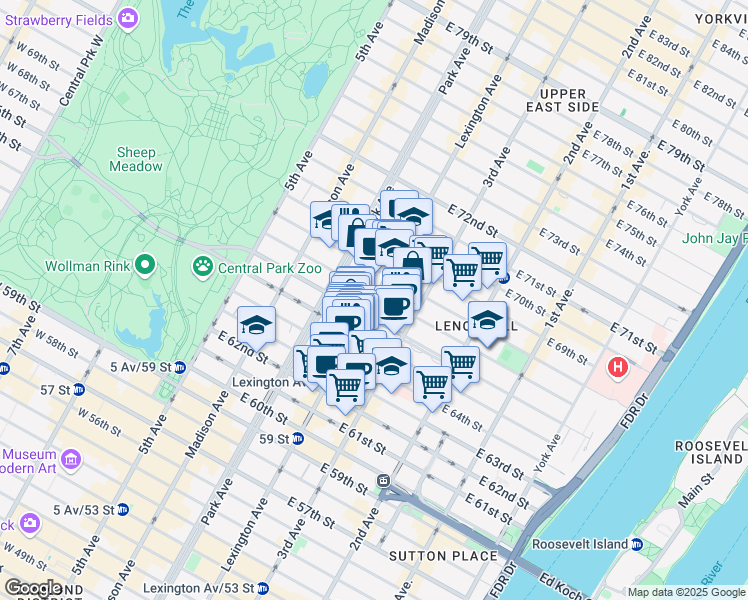 map of restaurants, bars, coffee shops, grocery stores, and more near 896 Lexington Avenue in New York