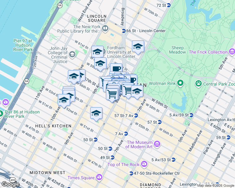map of restaurants, bars, coffee shops, grocery stores, and more near 301 West 57th Street in New York