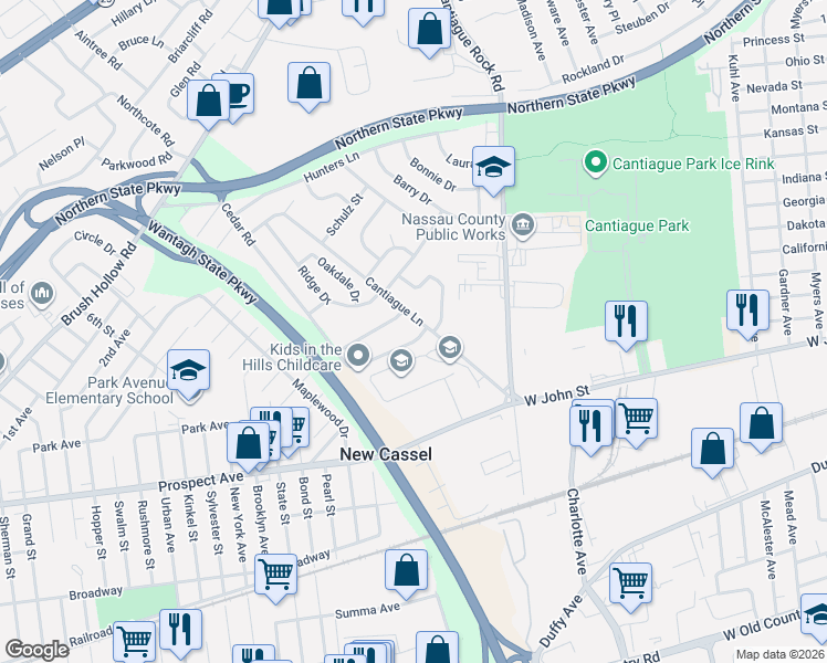 map of restaurants, bars, coffee shops, grocery stores, and more near 96 Cedar Road in Westbury