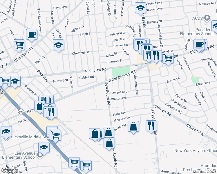 map of restaurants, bars, coffee shops, grocery stores, and more near 53 New South Road in Hicksville