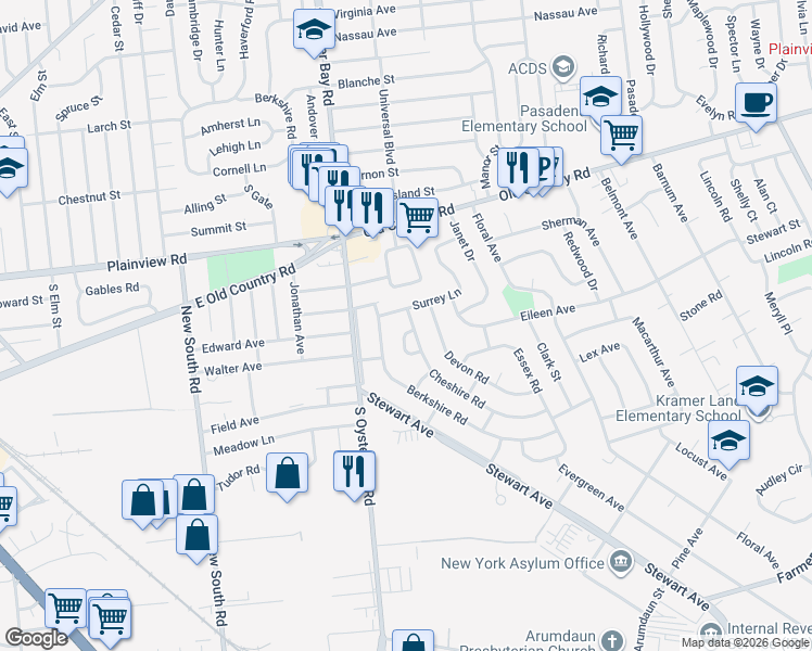 map of restaurants, bars, coffee shops, grocery stores, and more near 4 Cheshire Road in Bethpage