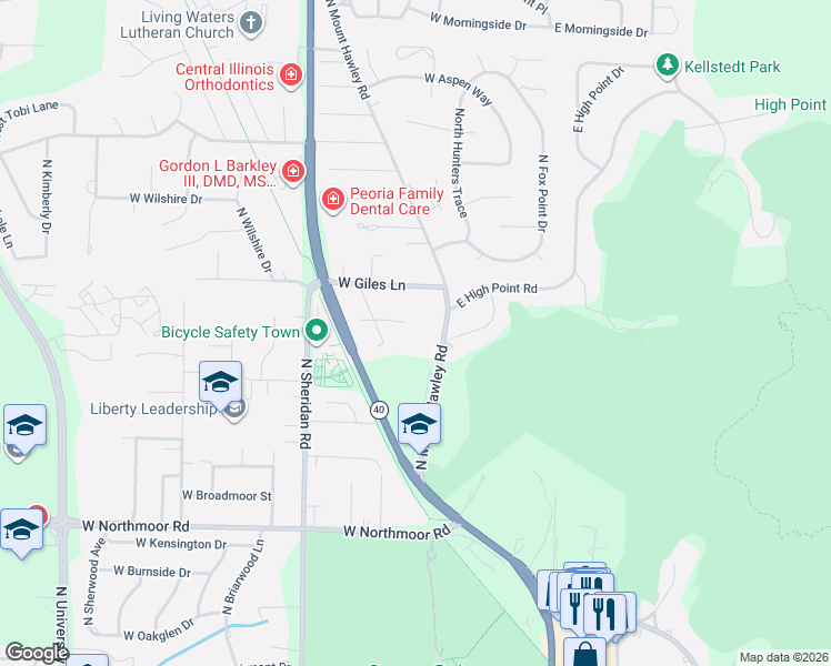 map of restaurants, bars, coffee shops, grocery stores, and more near 6521 North Mount Hawley Road in Peoria