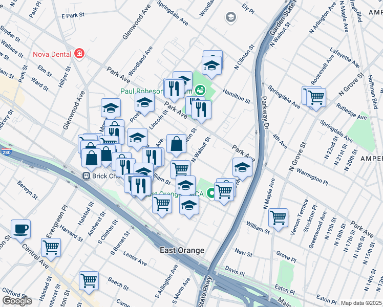 map of restaurants, bars, coffee shops, grocery stores, and more near 30 Summit Street in East Orange