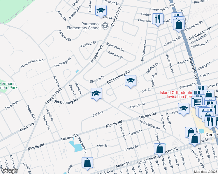 map of restaurants, bars, coffee shops, grocery stores, and more near 19 Milleridge Drive in Deer Park