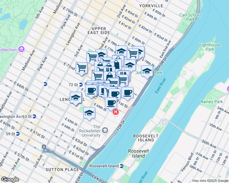 map of restaurants, bars, coffee shops, grocery stores, and more near 432 East 72nd Street in New York