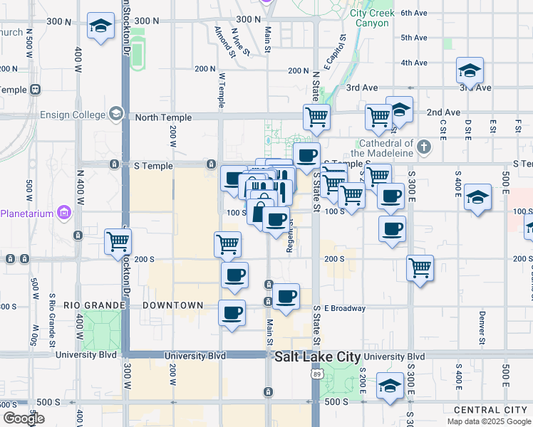 map of restaurants, bars, coffee shops, grocery stores, and more near 100 South Main Street in Salt Lake City