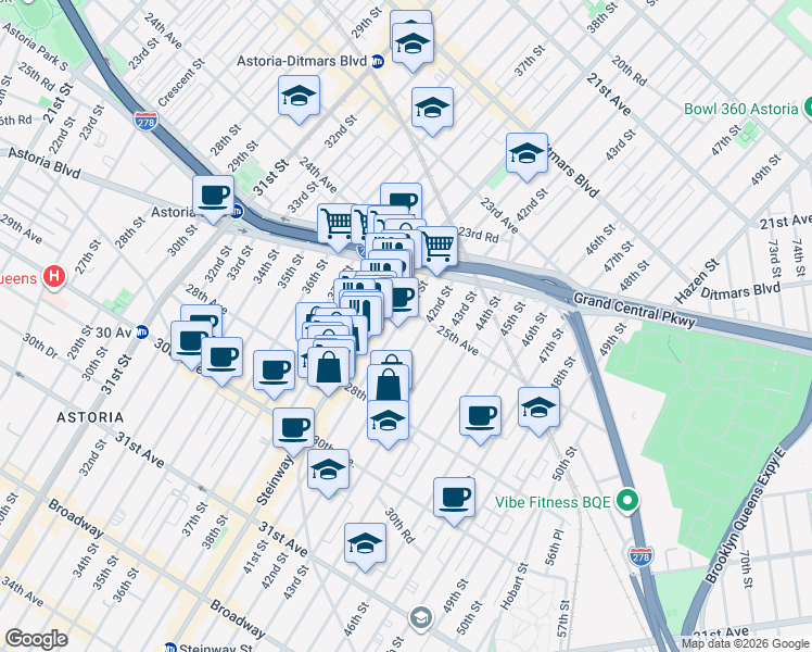 map of restaurants, bars, coffee shops, grocery stores, and more near 25-11 41st Street in Queens